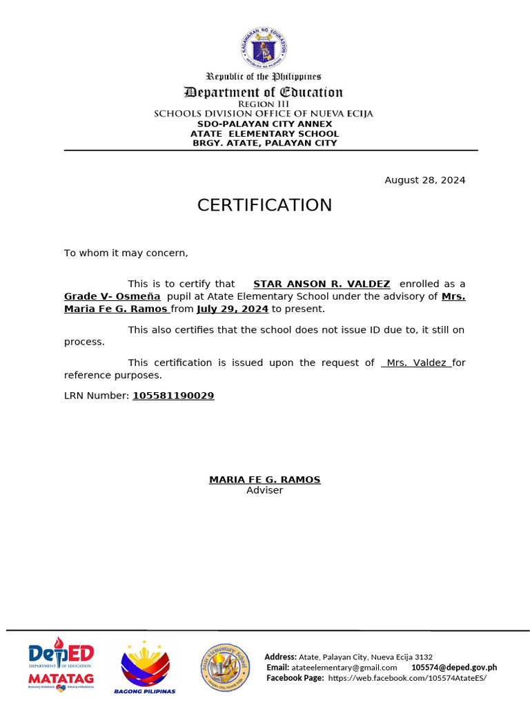 Atate Elementary School Enrollment Certification | PDF