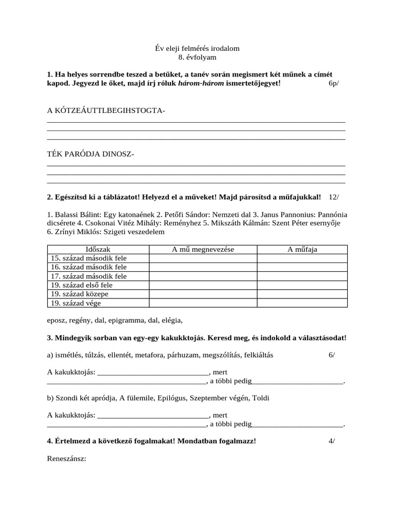 Év Eleji Felmérés Irodalom | PDF