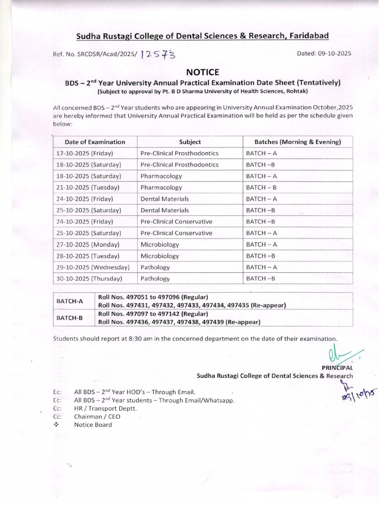 Notice - BDS 2nd Year Annual University Practical Exam Date Sheet | PDF