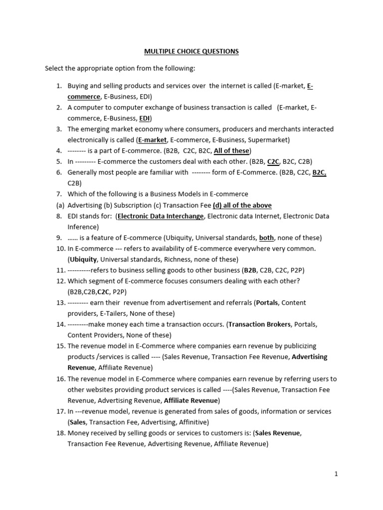 E-Commerce Multiple Choice Questions | PDF | Encryption | Public Key ...