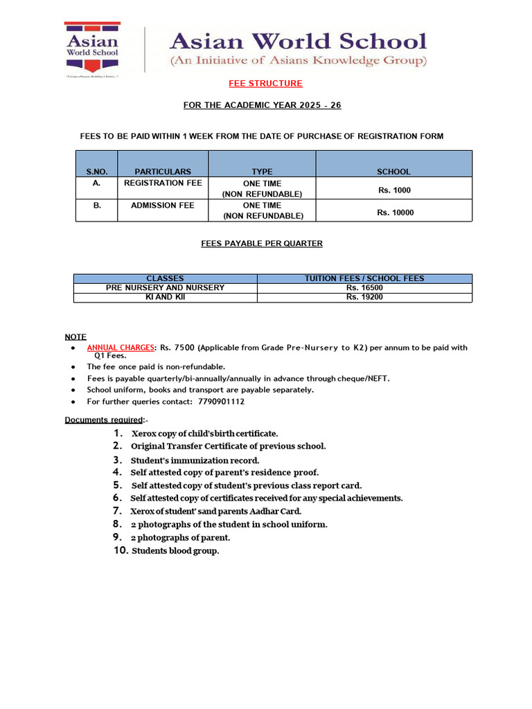 2025-26 School Fee Structure Details | PDF