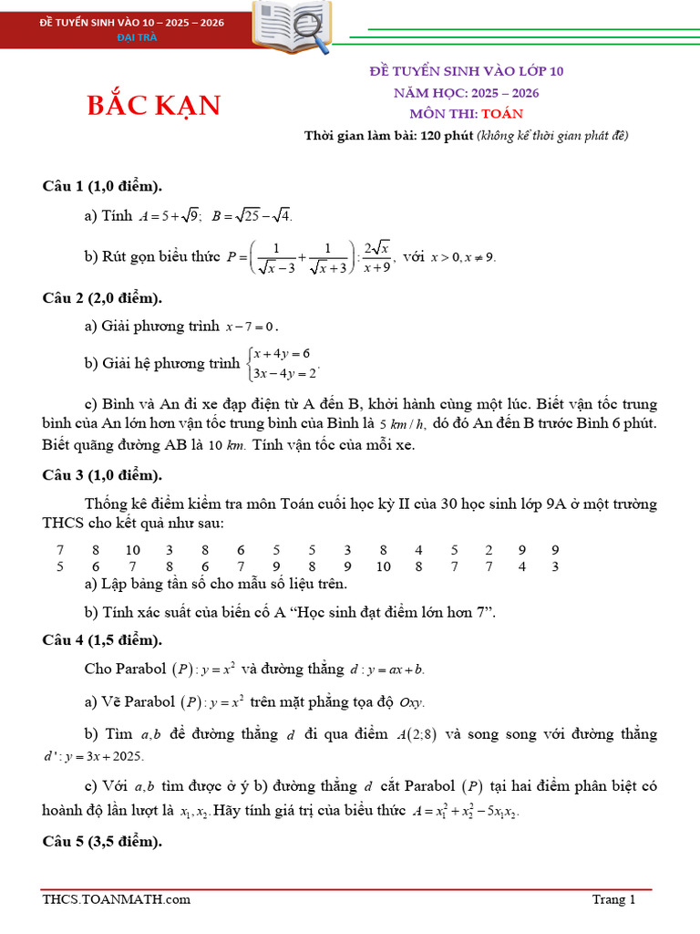 De Tuyen Sinh Lop 10 Mon Toan Nam 2025 2026 So GDDT Bac Kan | PDF