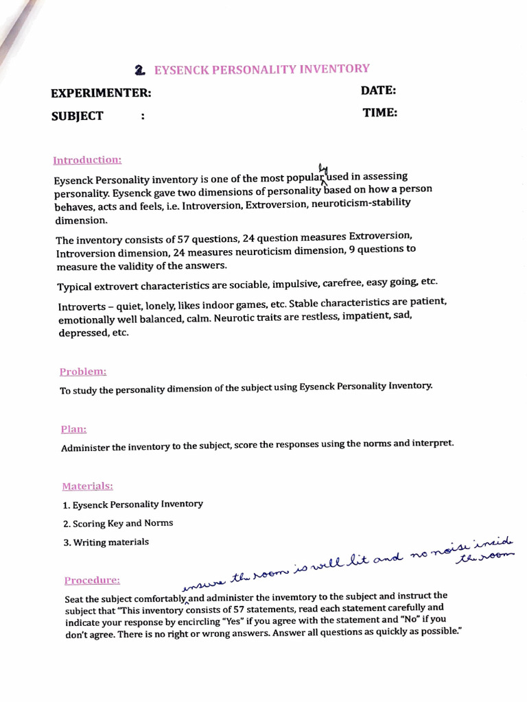 Eysenck Personality Inventory Analysis | PDF | Extraversion And ...