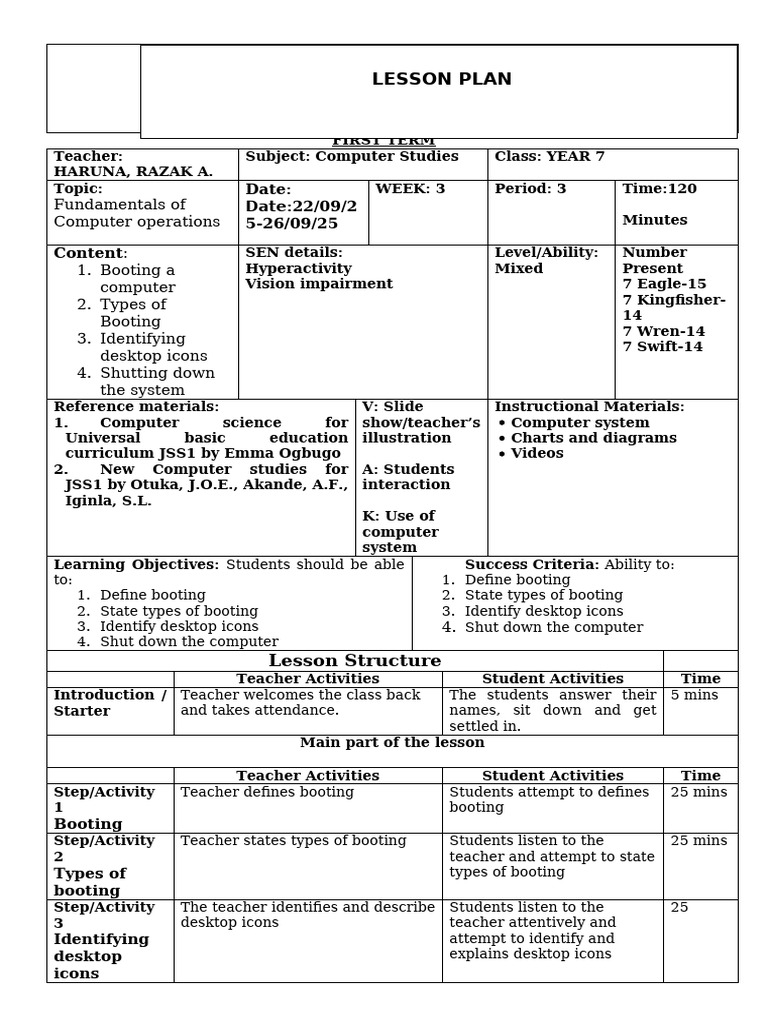 Week 2 Lesson Plan For Yr 7 First Term | PDF | Teaching | Human ...