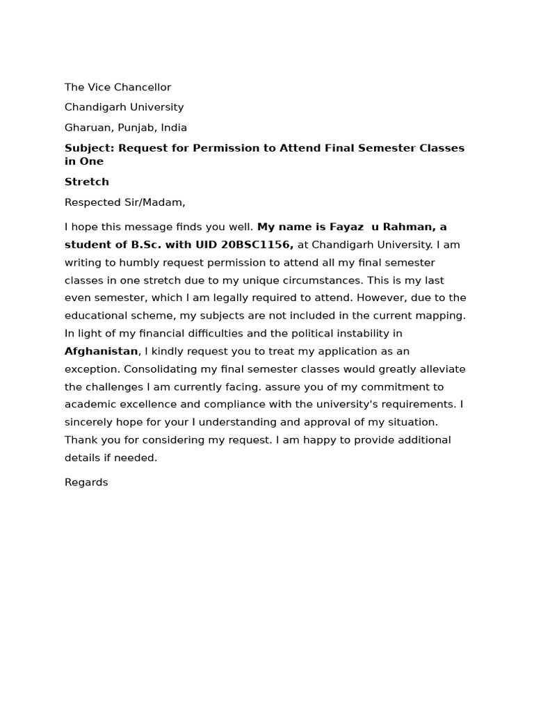 Request for Final Semester Class Permission | PDF