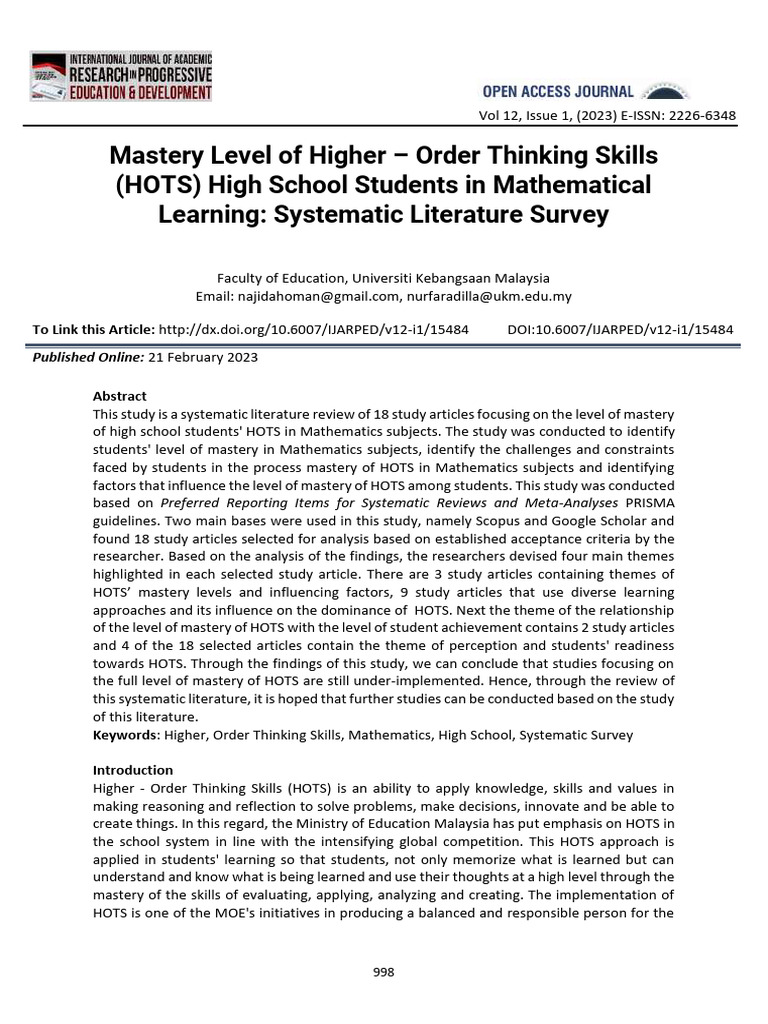 Mastery Level of Higher Order Thinking Skills Hots High School Students ...