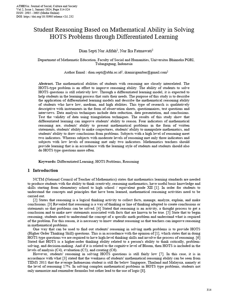 Student Reasoning Based On Mathematical Ability in Solving HOTS ...