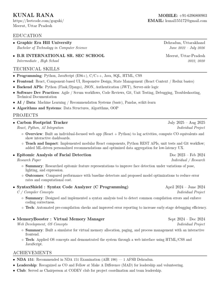 Kunal Rana: Tech Skills & Projects Overview | PDF | Python (Programming ...