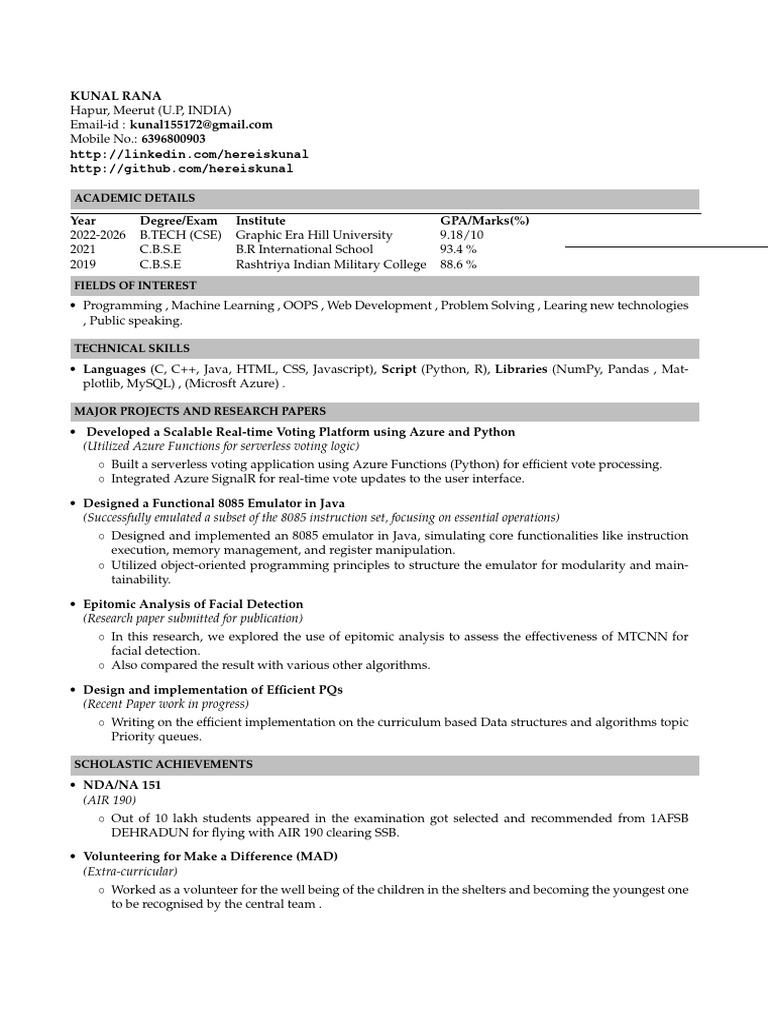 Kunal Rana: CSE Student Profile | PDF | Computer Programming | Python ...