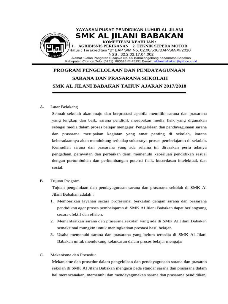 Pengelolaan Sarana Prasarana SMK Al Jilani | PDF