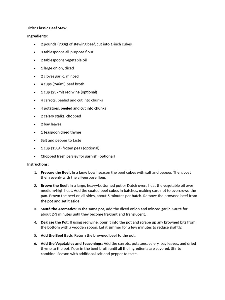 Classic Beef Stew Recipe Guide | PDF