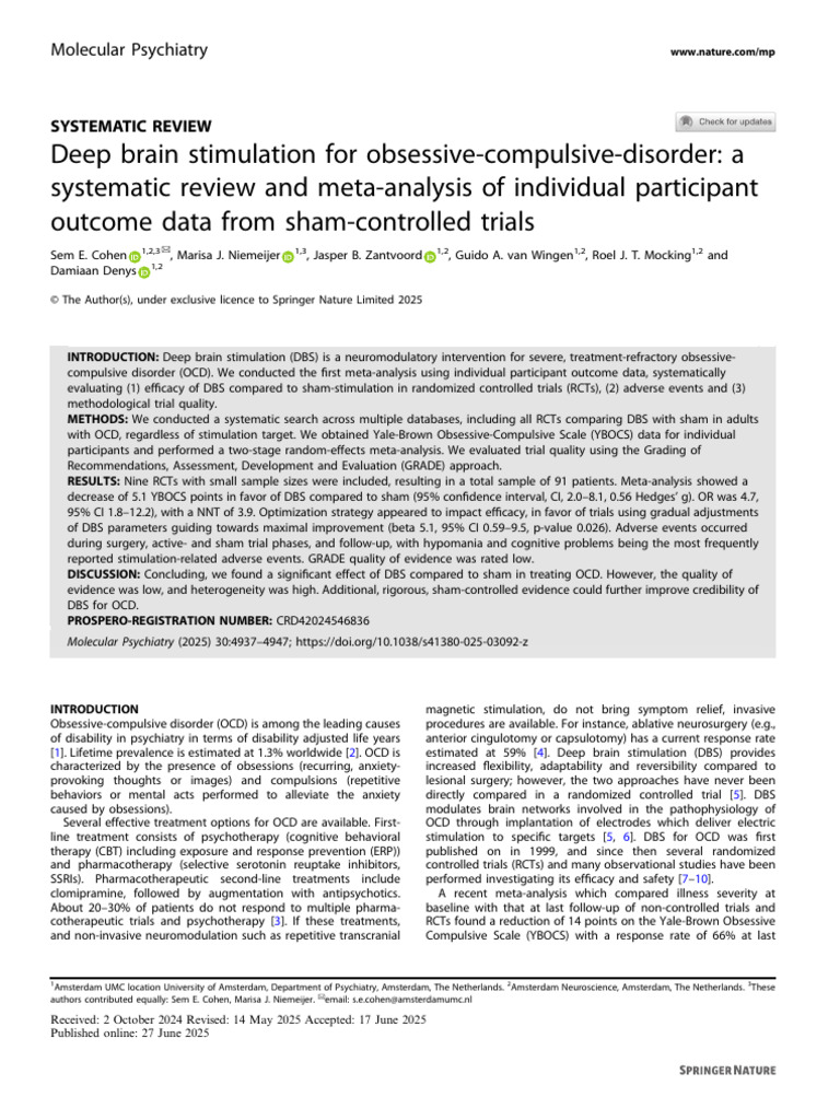 Deep Brain Stimulation for OCD: Meta-Analysis | PDF | Obsessive ...