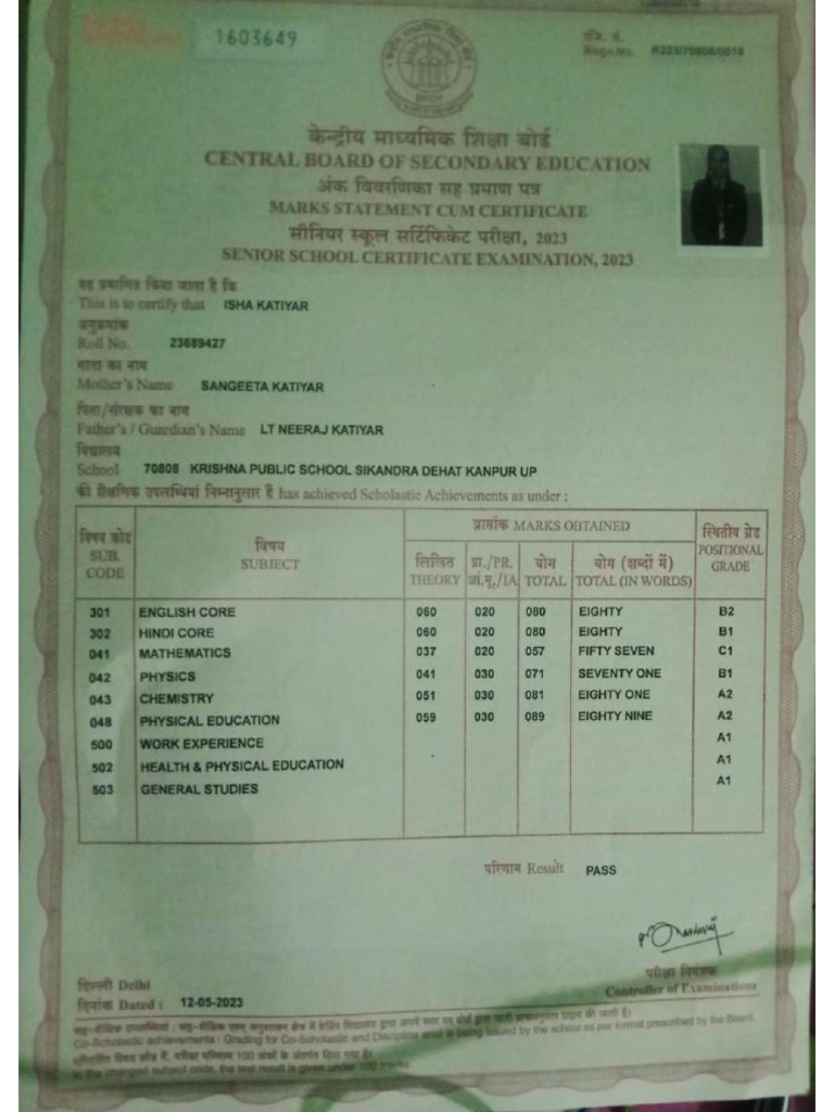 12th Marksheet Isha - Compressed | PDF