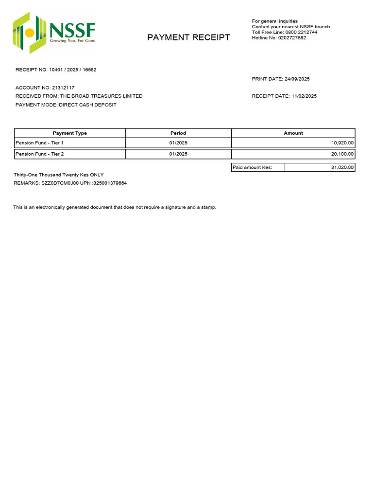 NSSF Payment Receipt for February 2025 | PDF