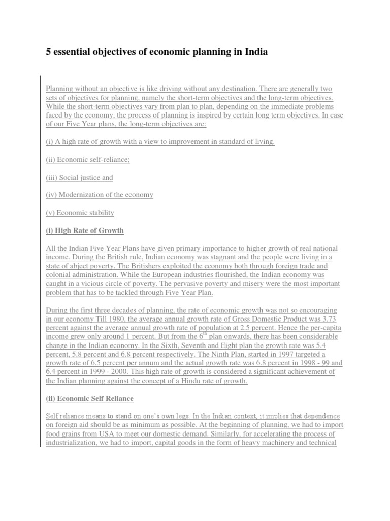 5 Essential Objectives of Economic Planning in India PDF Economies Unrest