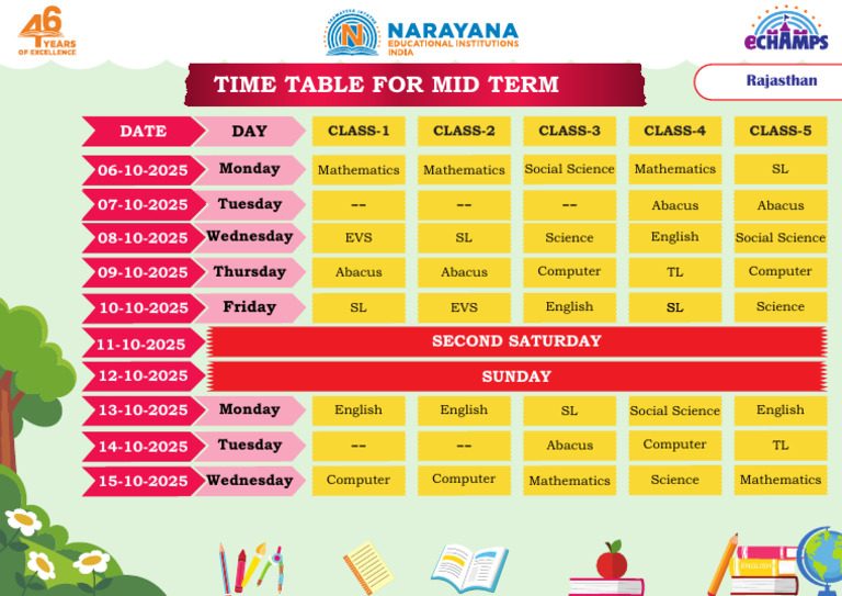 Rajasthan Class 1-5 Mid Term Timetable | PDF