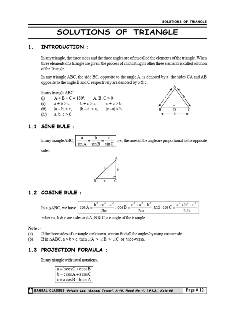 11th ch-3b Solution of Triangle | PDF | Trigonometric Functions ...