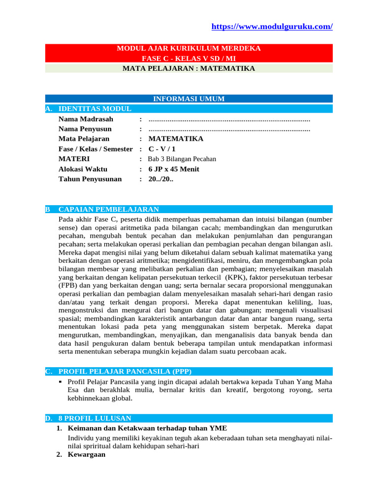 Modul Ajar Matematika Kelas V SD | PDF