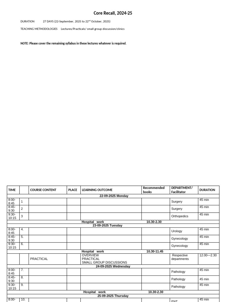Core Recall Schedule 2025-26 | PDF | Health Sciences | Clinical Medicine