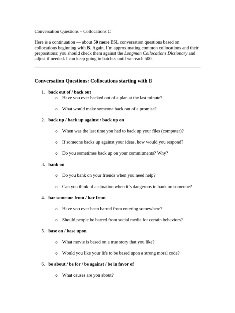 ESL Conversation Questions: Collocations B | PDF | Cognition | Social ...