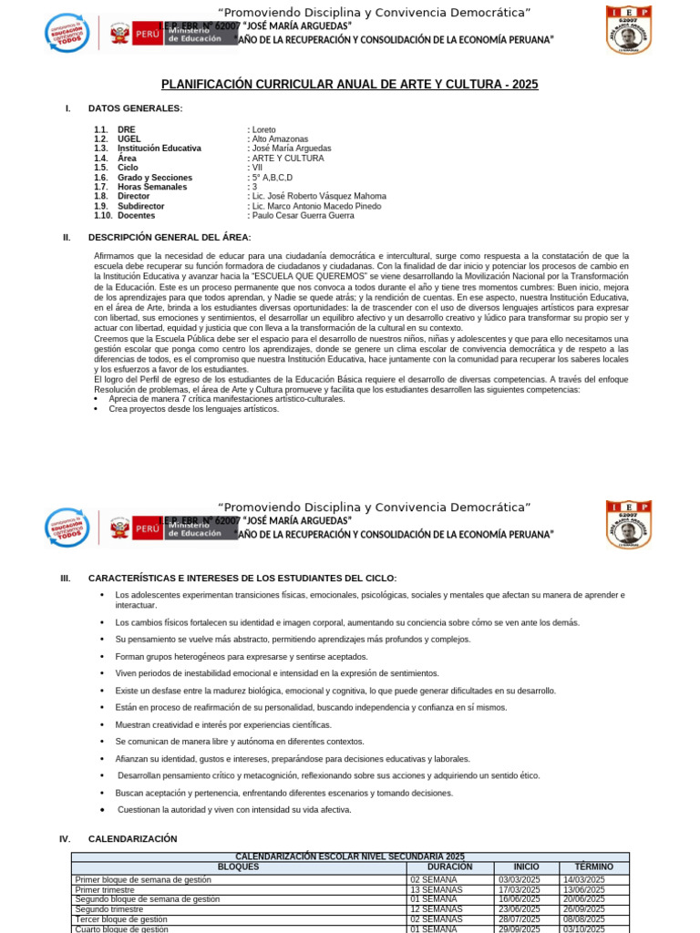 Plan Anual de Arte y Cultura 2025 | PDF | Evaluación | Las emociones