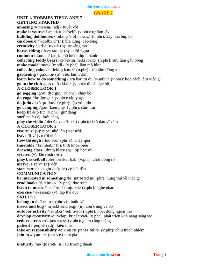 English Hobbies Vocabulary for Grade 7 | PDF
