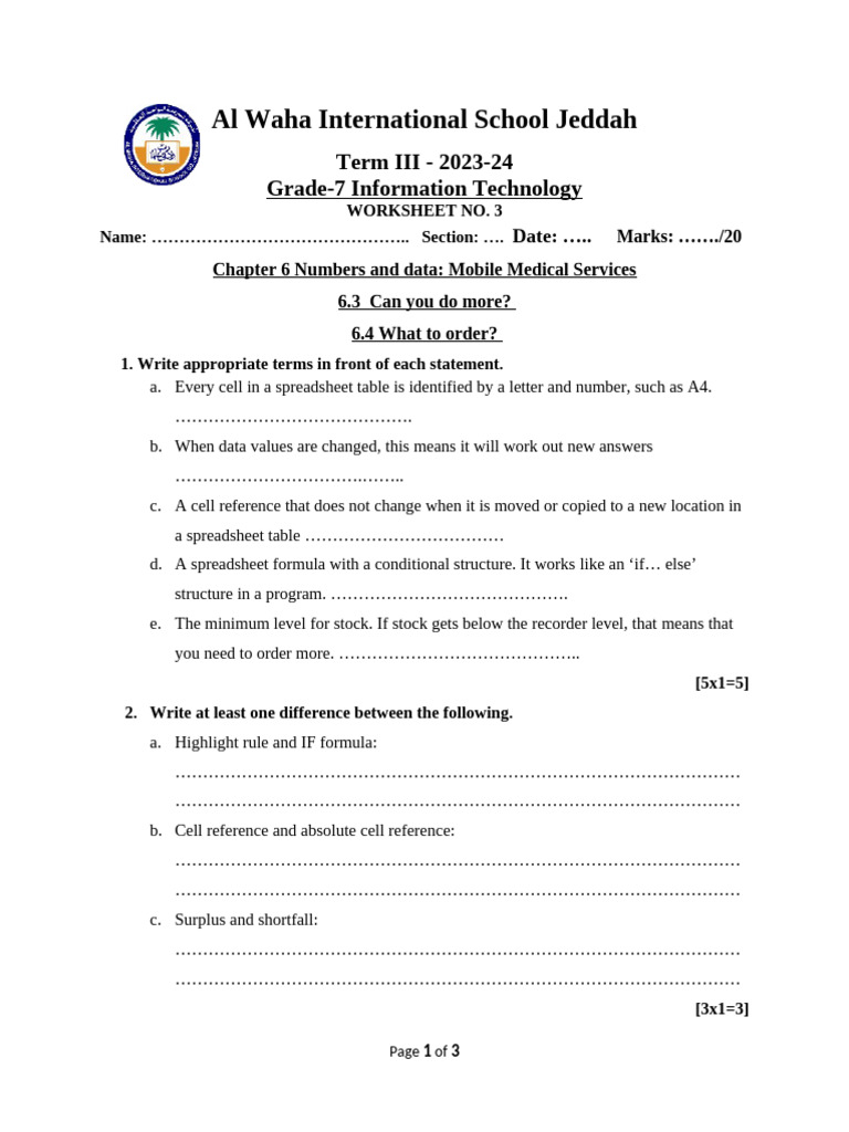 Grade 7 ICT Chapter 6.3 & 6.4 Worksheet-4 | PDF
