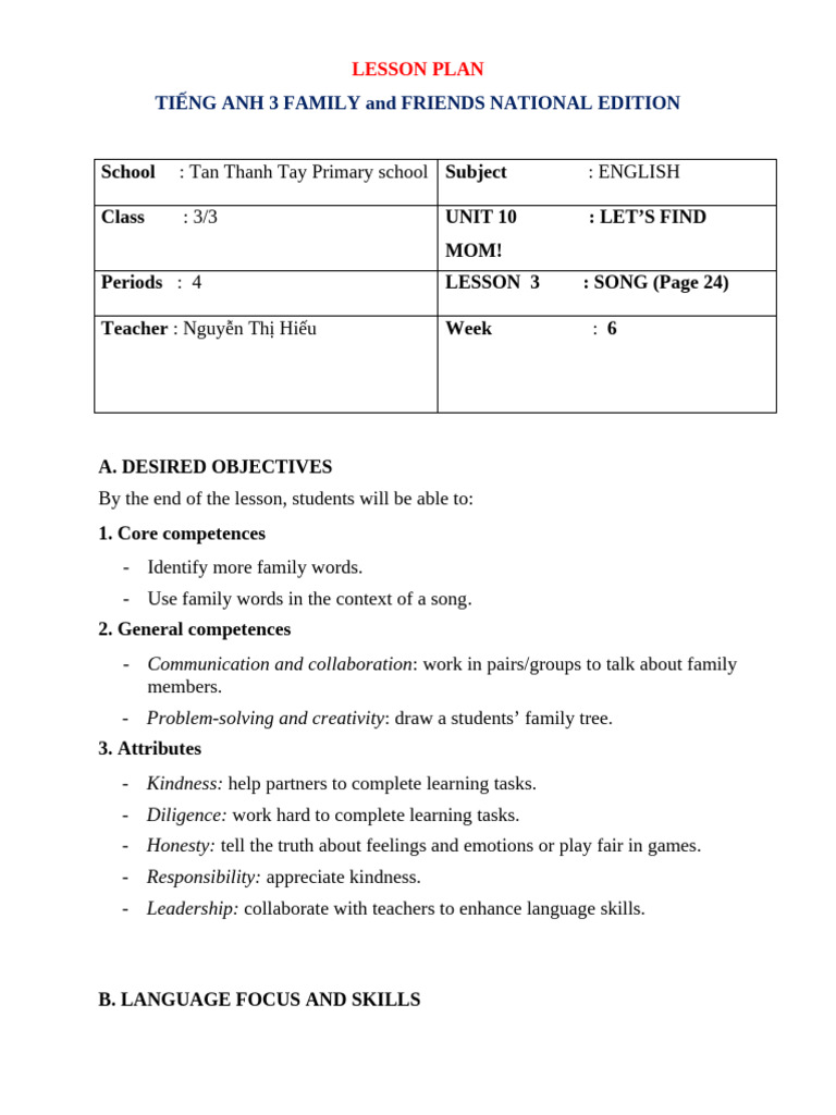 Family Vocabulary Lesson Plan for Grade 3 | PDF | Cognition | Human ...