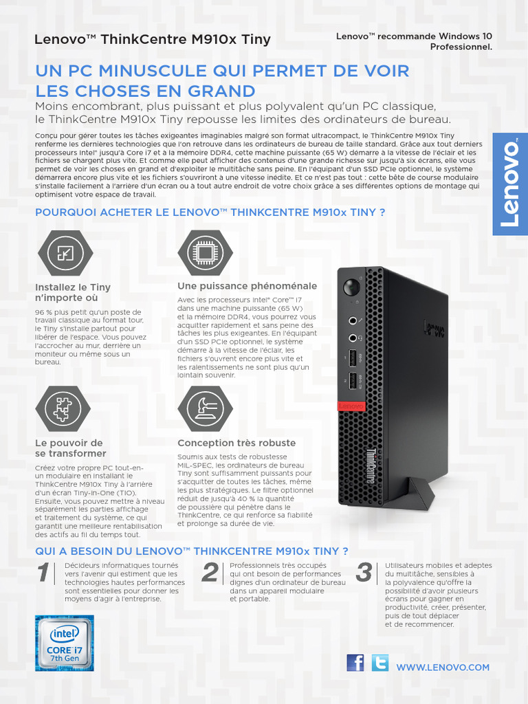 Lenovo ThinkCentre M910x Tiny : Puissance compacte | PDF | USB ...