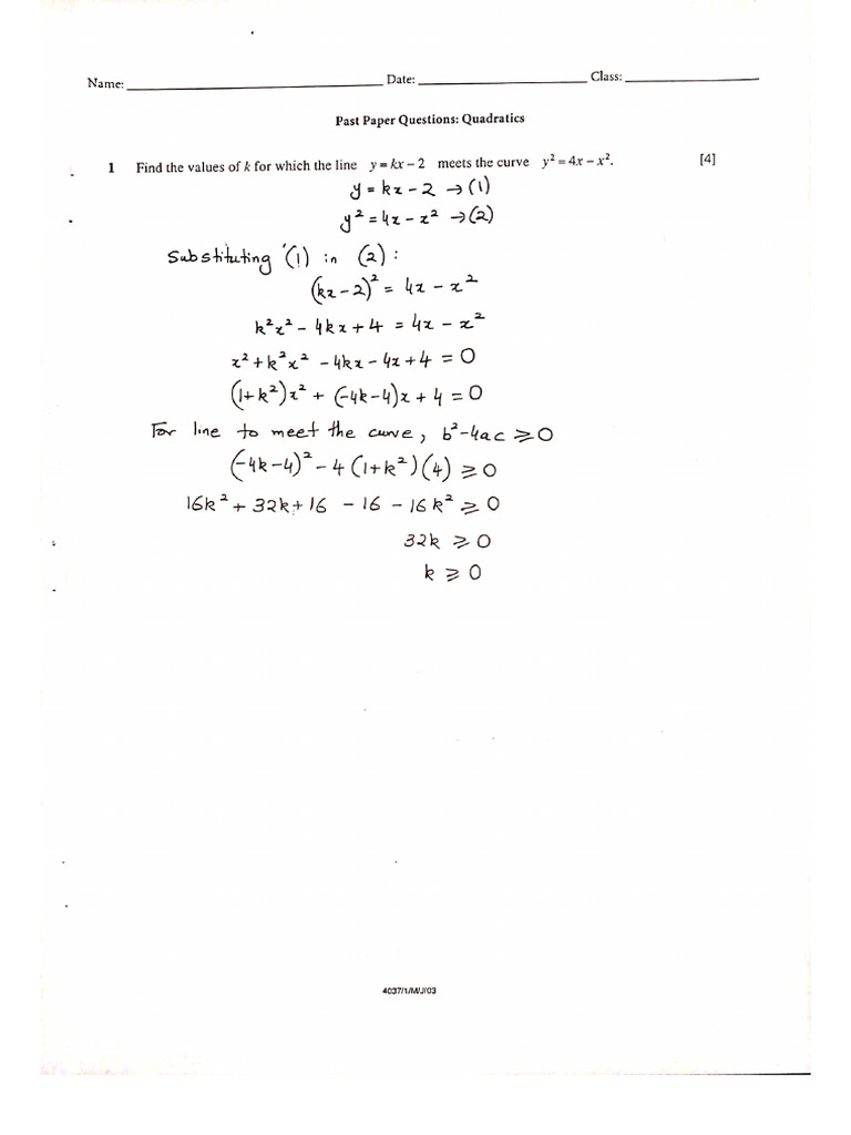 Quadratics Past Paper Questions Solutions | PDF