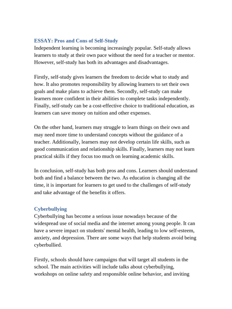 Pros and Cons of Self-Study Explained | PDF | Learning | Cyberbullying