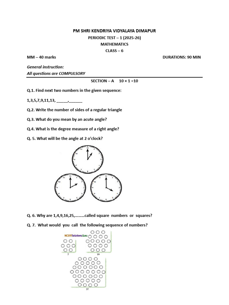 Class 6 Mathematics Periodic Test 2025-26 | PDF