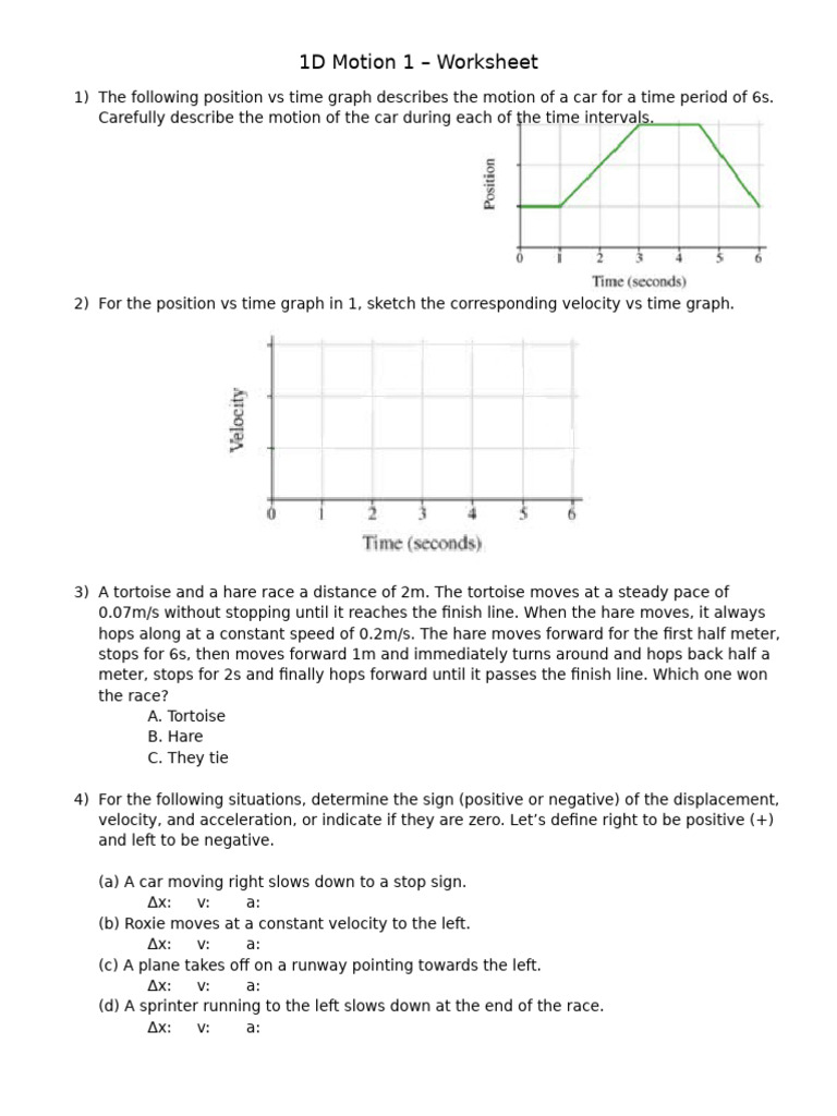 1D Motion 1 - Worksheet - Updated | PDF