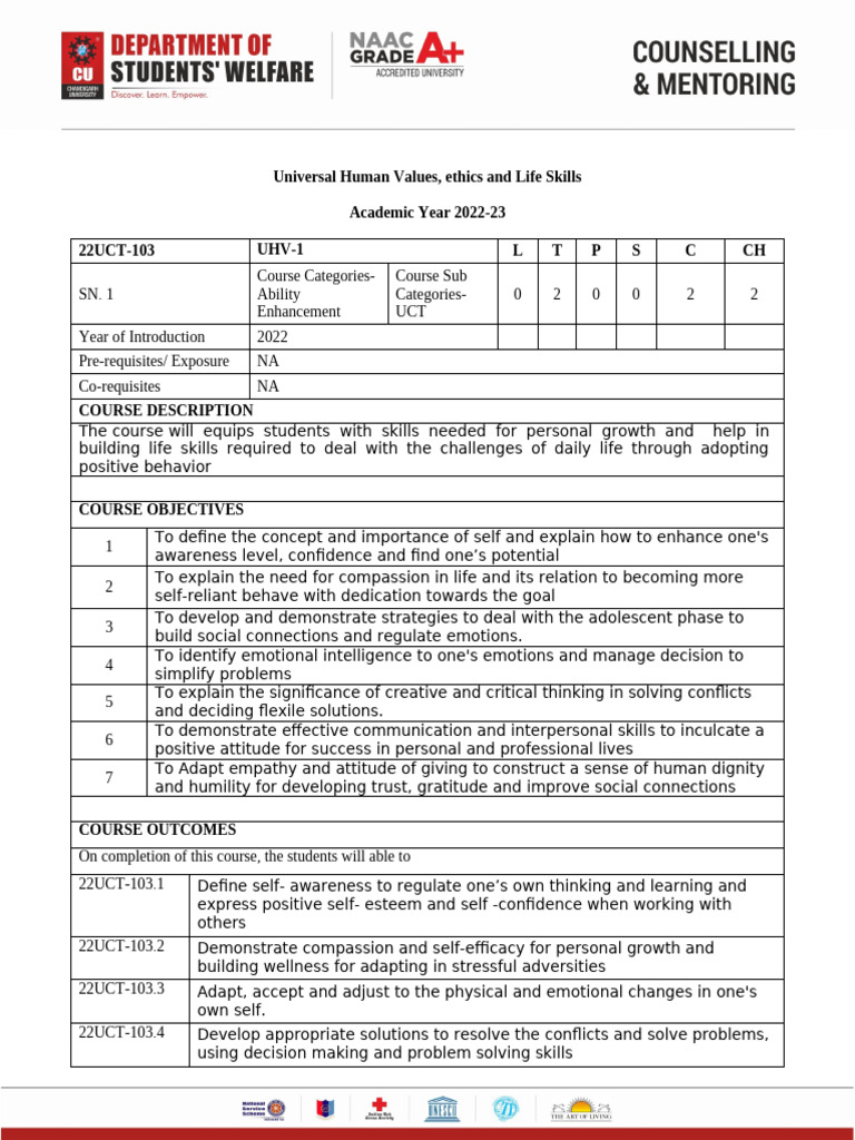 Universal Human Values and Life Skills | PDF | Self Esteem | Self Efficacy