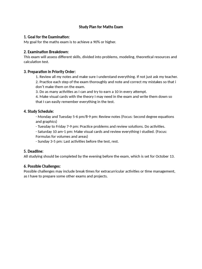 Maths Exam Study Plan for Success | PDF