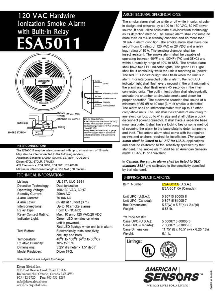 American Sensors ESA5011 Smoke Alarm | PDF | Relay | Electrical Equipment