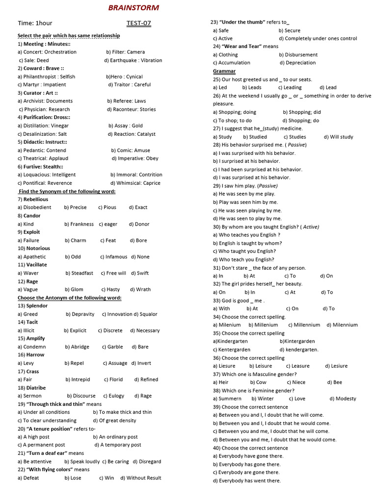 Vocabulary and Grammar Practice Test | PDF