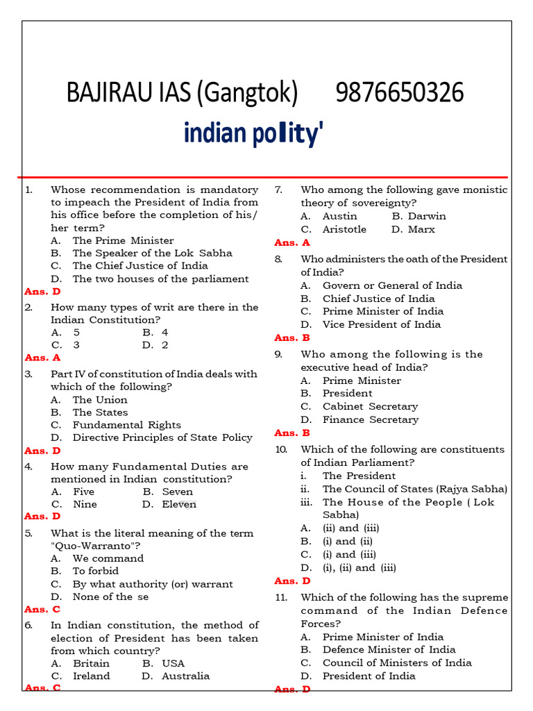 INDIAN_POLITY_MCQ_FOR_SPSC-2 | PDF | Legal Documents | Government