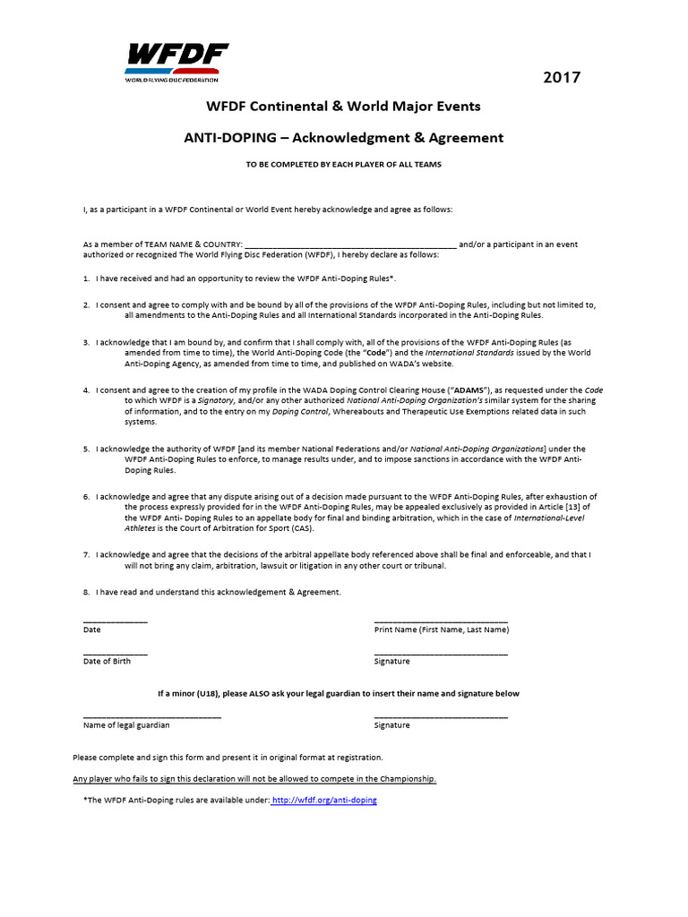 WFDF Anti-Doping Acknowledgment Form | PDF | Justice | Crime & Violence