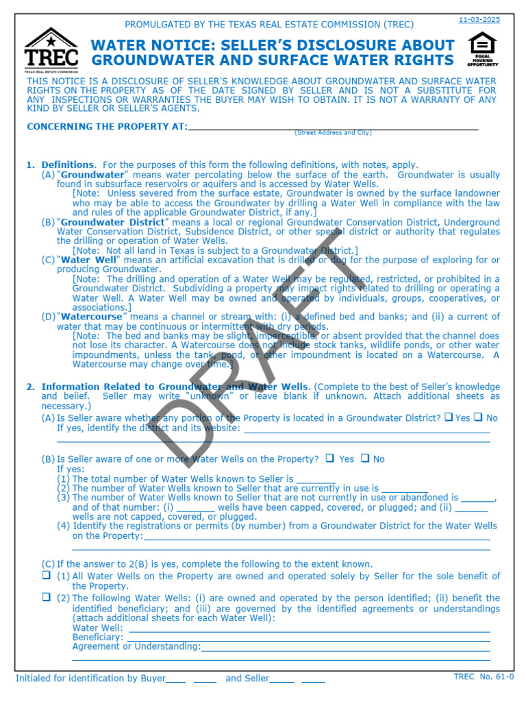 Water Notice Seller's Disclosure About Groundwater and Surface Water ...