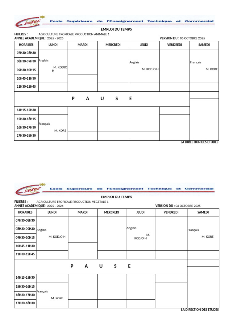 Emploi du Temps 2025-2026 par Filière | PDF | Informatique | Informatique