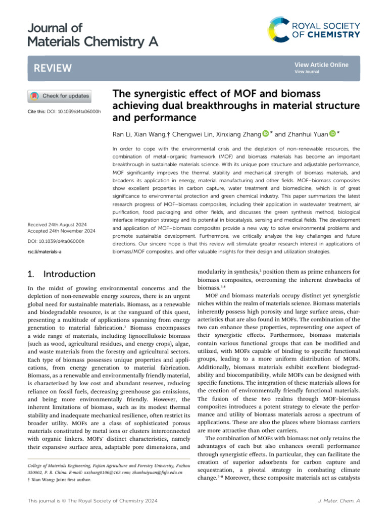 The Synergistic Effect of MOF and Biomass Dual Breakthrough | PDF ...