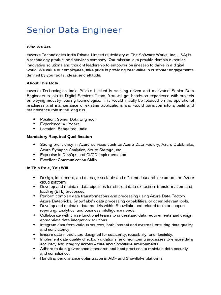 Senior Data Engineer Role at tsworks | PDF | Microsoft Azure | Computing