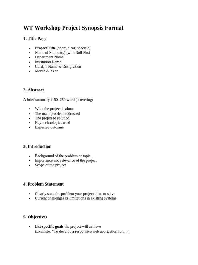 WT Workshop Project Synopsis Guide | PDF