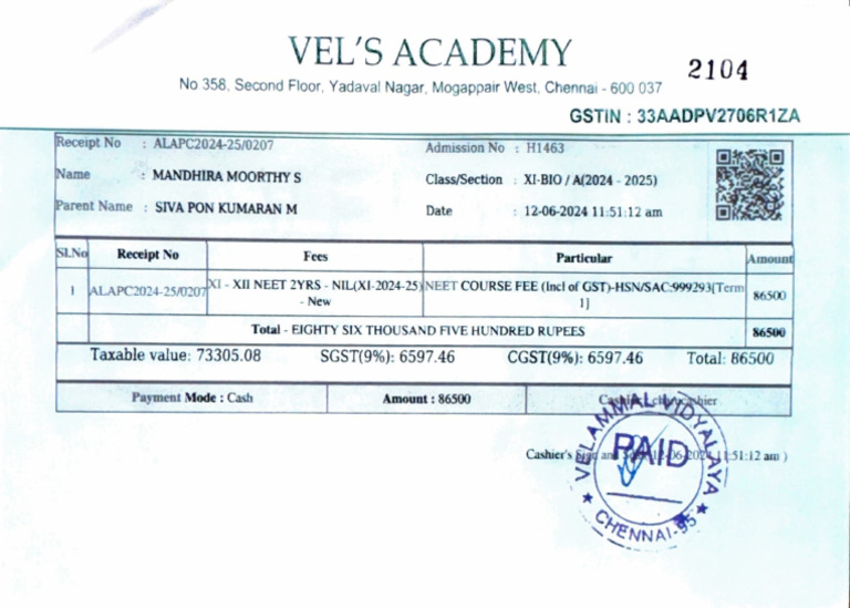 NEET Course Fee Receipt 2024-2025 | PDF