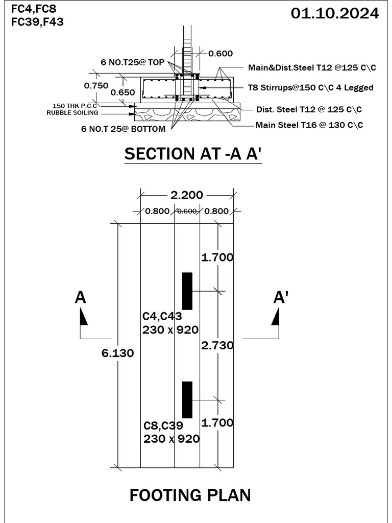 Footing Plan and Steel Reinforcement Details | PDF
