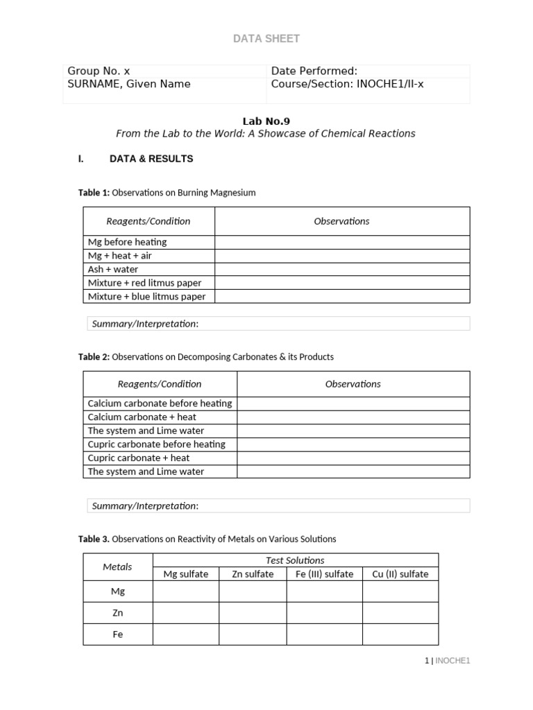 Lab No.9 Data Sheet INOCHE1 | PDF | Magnesium | Chemical Reactions