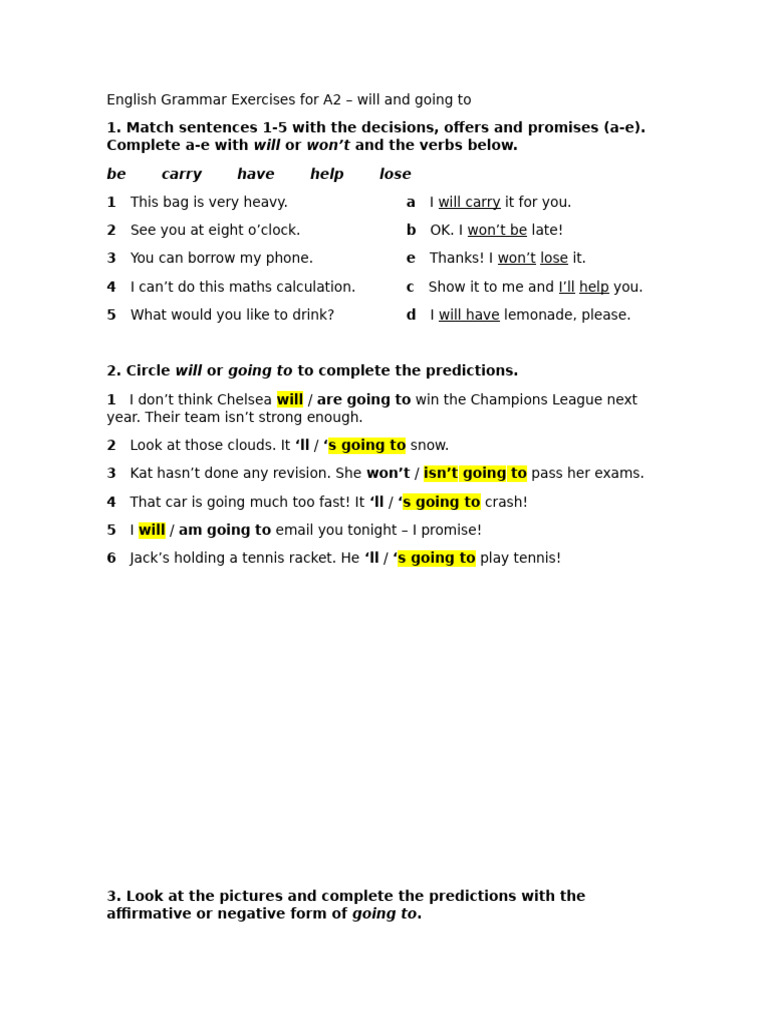 A2 Exercises on Will and Going To | PDF | Linguistics