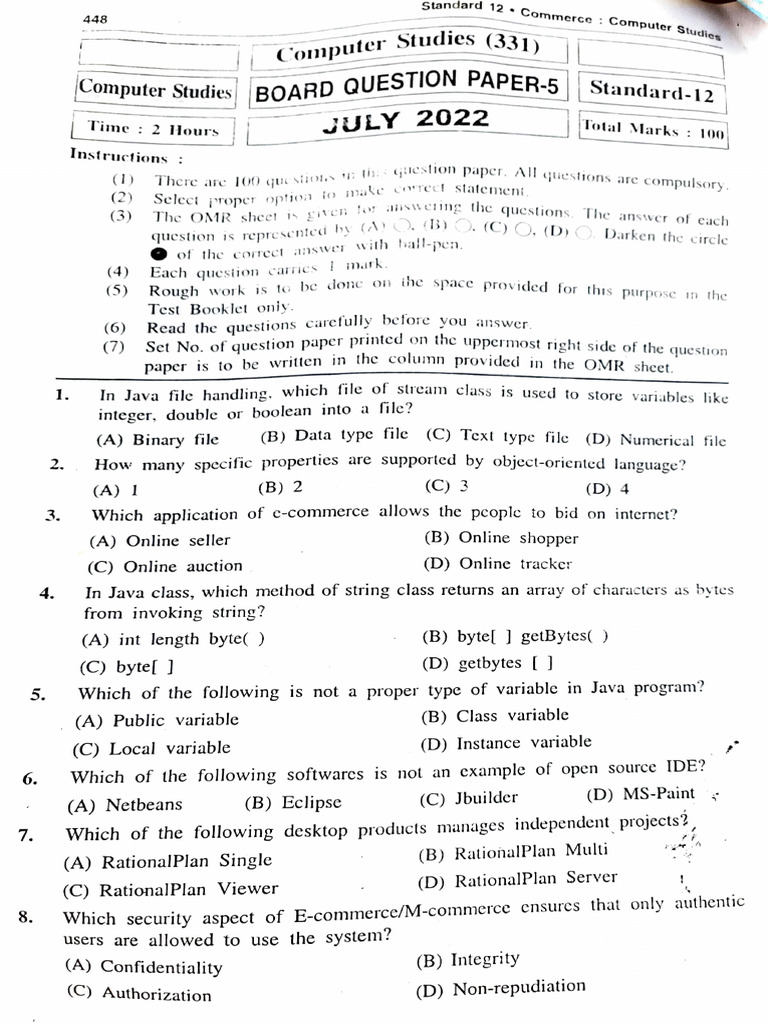 Standard 12 Computer Studies Exam Paper | PDF | Method (Computer ...