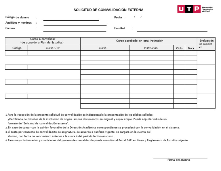 Solicitud de Convalidación Externa UTP | PDF